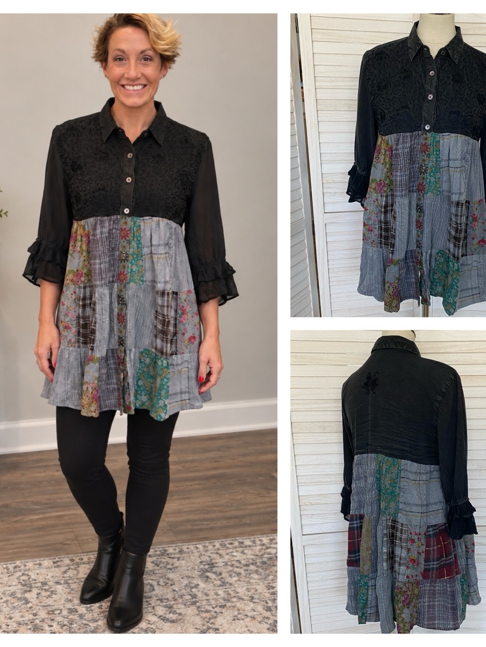 Young Threads Black Embroidered Mixed-Print Patchwork Ruffle Sleeve Tunic Top